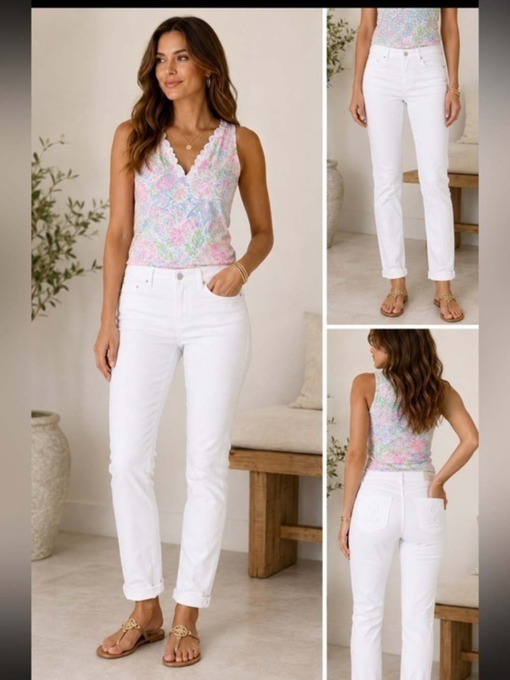 Lilly Pulitzer Size 2 White Stretch Straight Leg Jeans Embroidered Pockets
